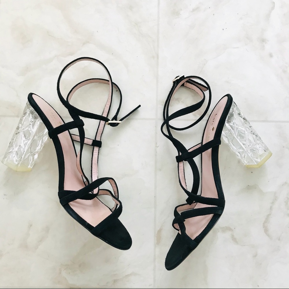 Kate Spade Made in Italy Clear Block Heel Black Suede Strappy Sandals (size 7B)